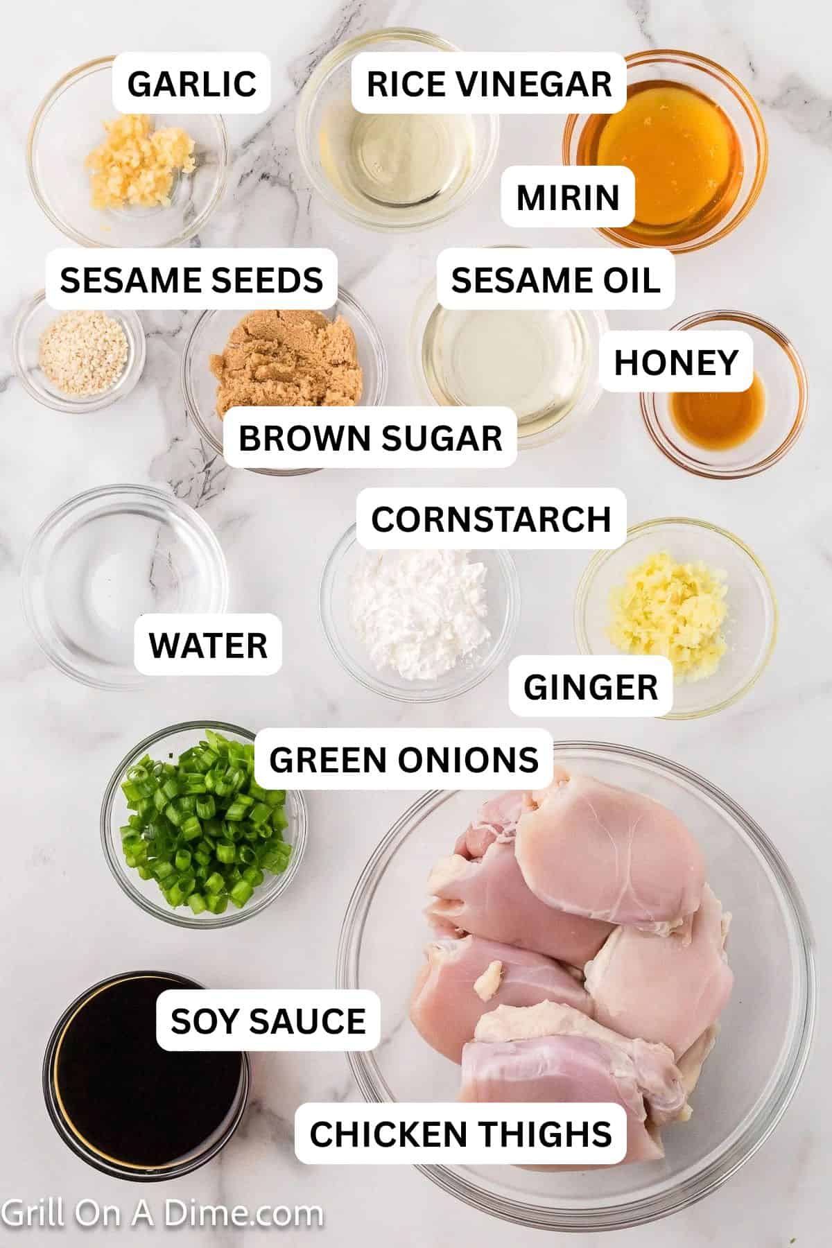 Ingredients needed for this recipe include chicken thighs, green onions, sesame seeds, soy sauce, mirin, honey, rice vinegar, brown sugar, garlic, ginger, sesame oil, cornstarch, and water.