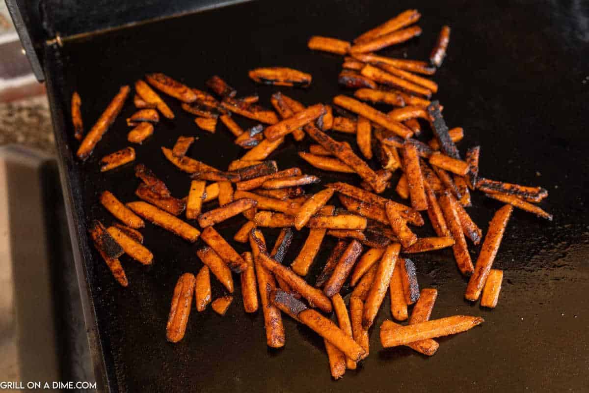 Sweet potato fries on the griddle.