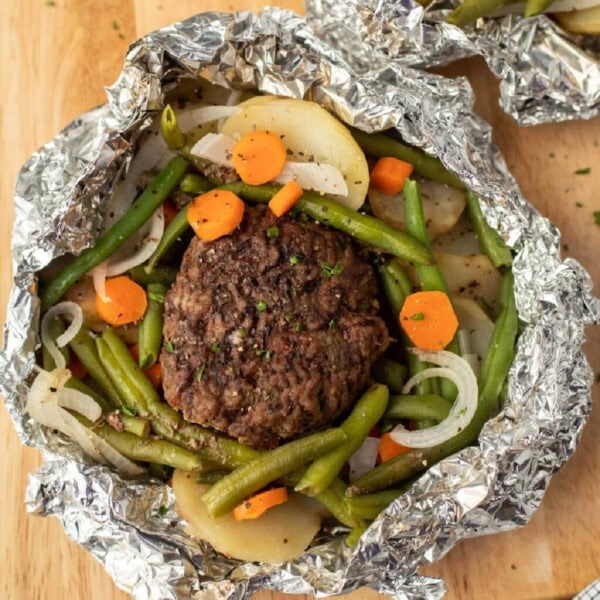 Hobo Dinner in a foil with ground beef and veggies