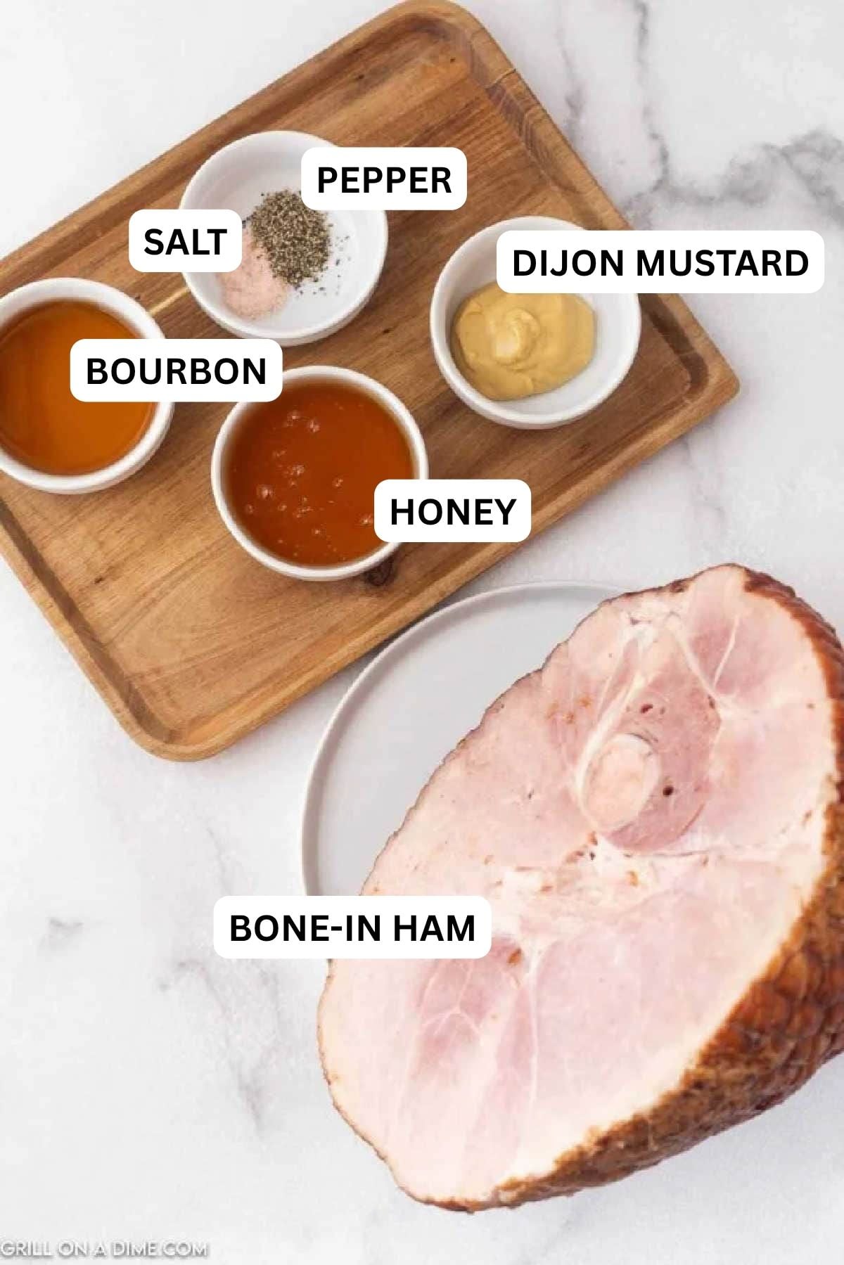 Ingredients needed to make this recipe includes Ham, honey, bourbon, mustard, salt, and pepper.
