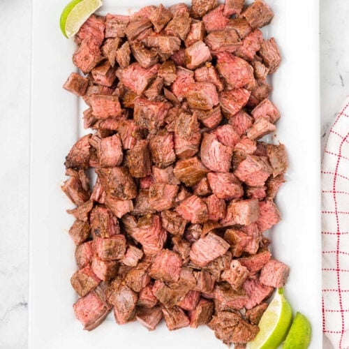 Diced Steak bites on a platter