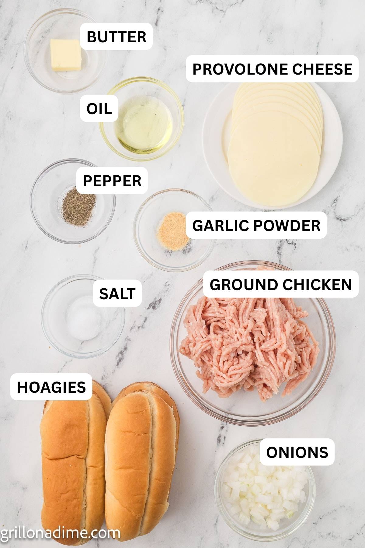 Ingredients needed to make this recipe which includes Avocado Oil, ground chicken, onion, salt, pepper, garlic powder, provolone cheese, hoagie rolls, and butter.