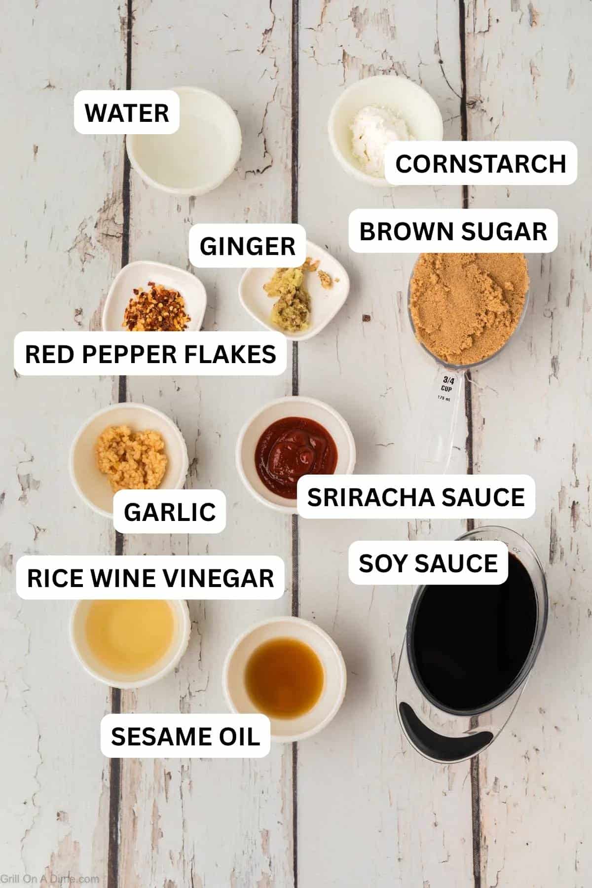Ingredients needed to make this recipe which includes Soy Sauce, brown sugar, garlic, rice wine vinegar, sesame oil, sriracha sauce, ginger, red pepper flakes, cornstarch, and water.