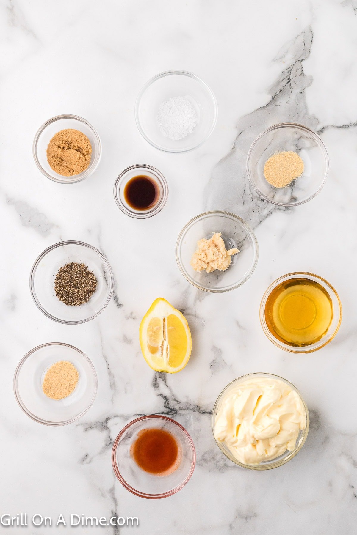 Ingredients - Mayonnaise, apple cider vinegar, lemon, worcestershire sauce, brown sugar, horseradish, salt, garlic powder, onion powder, pepper, hot sauce