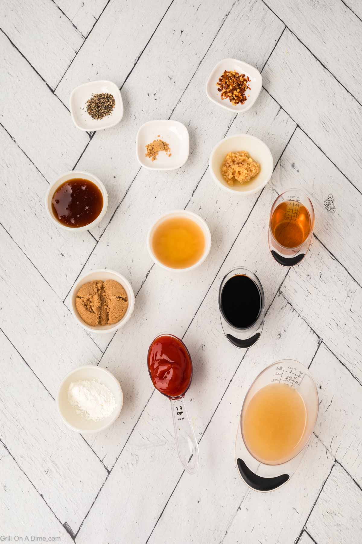 Ingredients for the sauce - Chicken broth, soy sauce, ketchup, bourbon, cornstarch, brown sugar, honey, apple cider vinegar, ground ginger, garlic, pepper, red pepper flakes