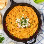 Buffalo chicken dip in a skillet.