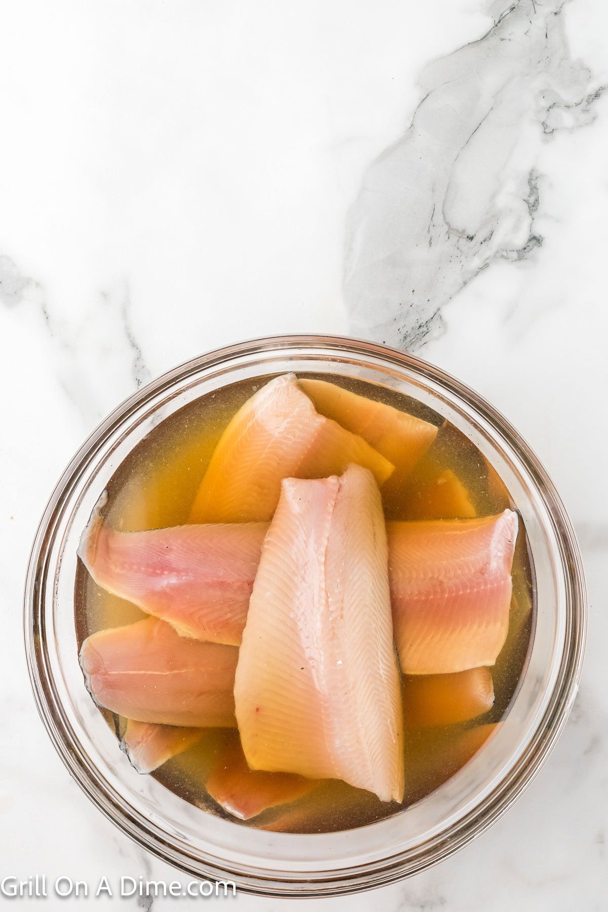 A bowl of brine with trout filets in the brine