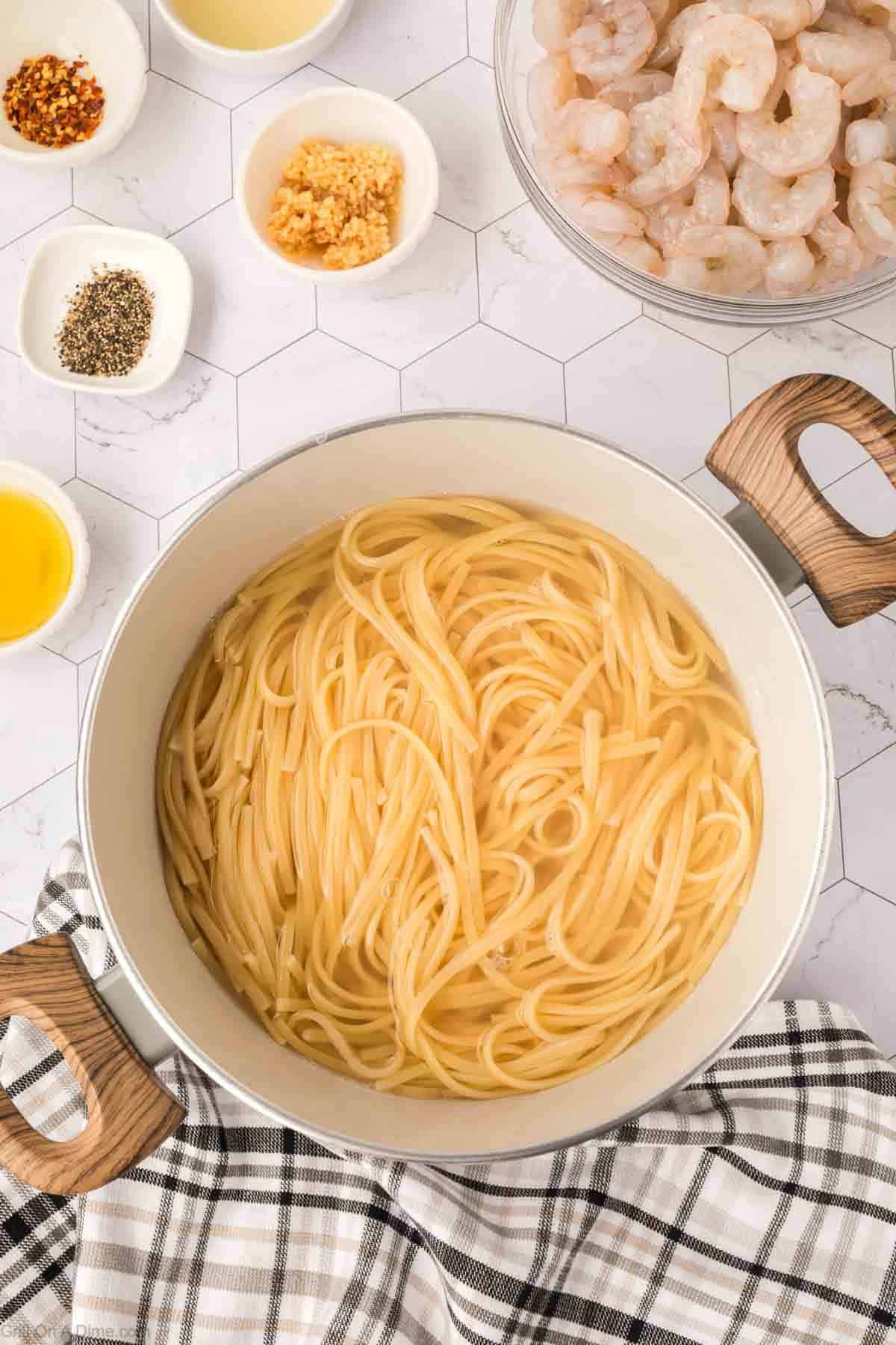 Cooked pasta in a large pot