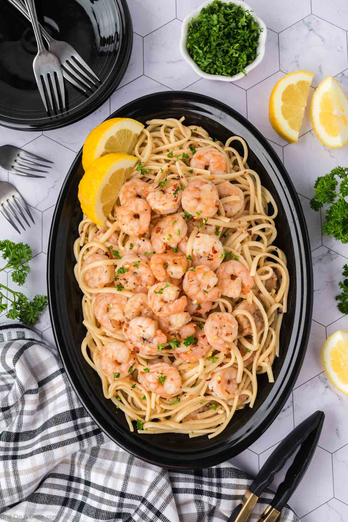Shrimp scampi on a platter