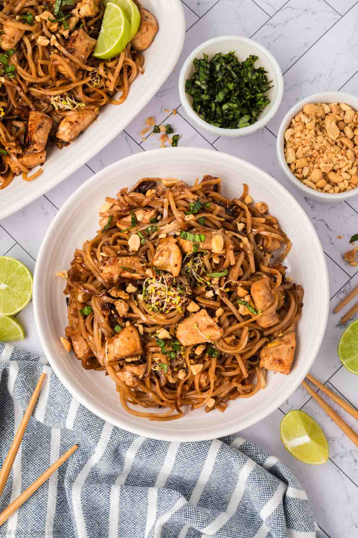 Serving of pad thai on a plate