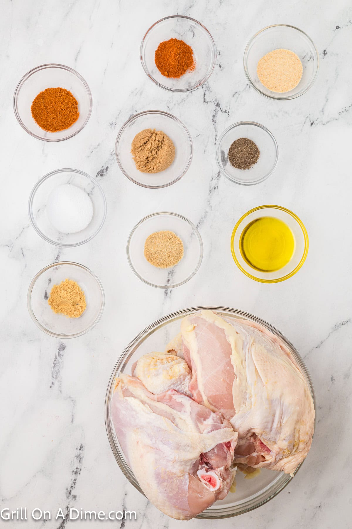 Ingredients - Chicken breast, olive oil, brown sugar, paprika, salt, garlic powder, onion powder, cayenne pepper, mustard powder, pepper