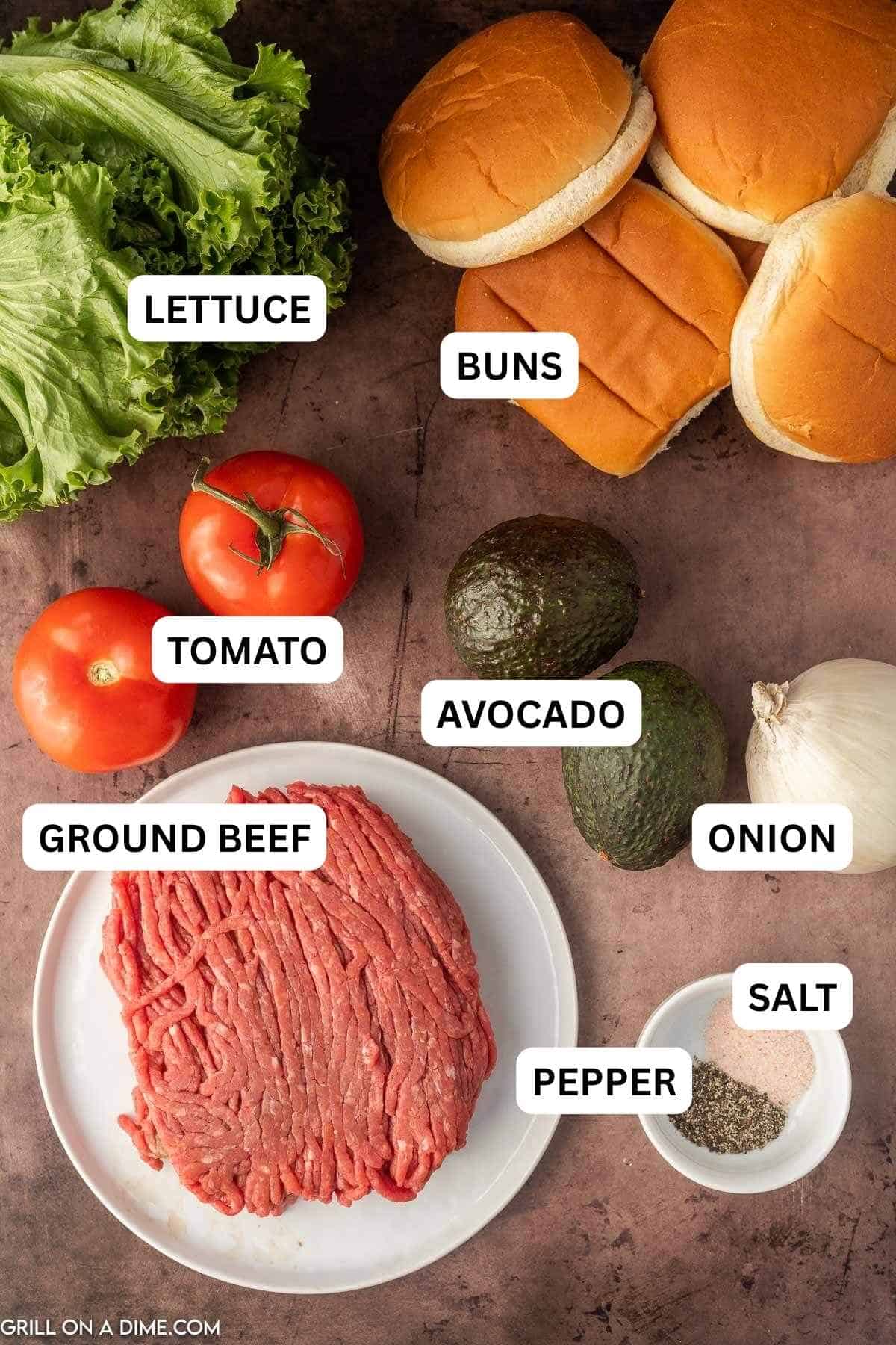 Ingredients needed to make this recipe which includes Ground beef, avocado, tomato, lettuce, hamburger buns, salt and pepper.