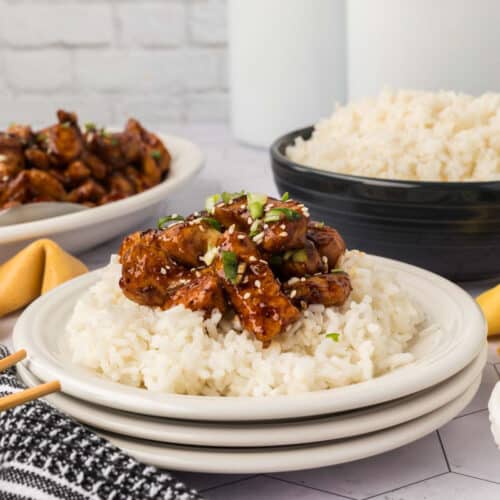 Orange Chicken over rice on a plate