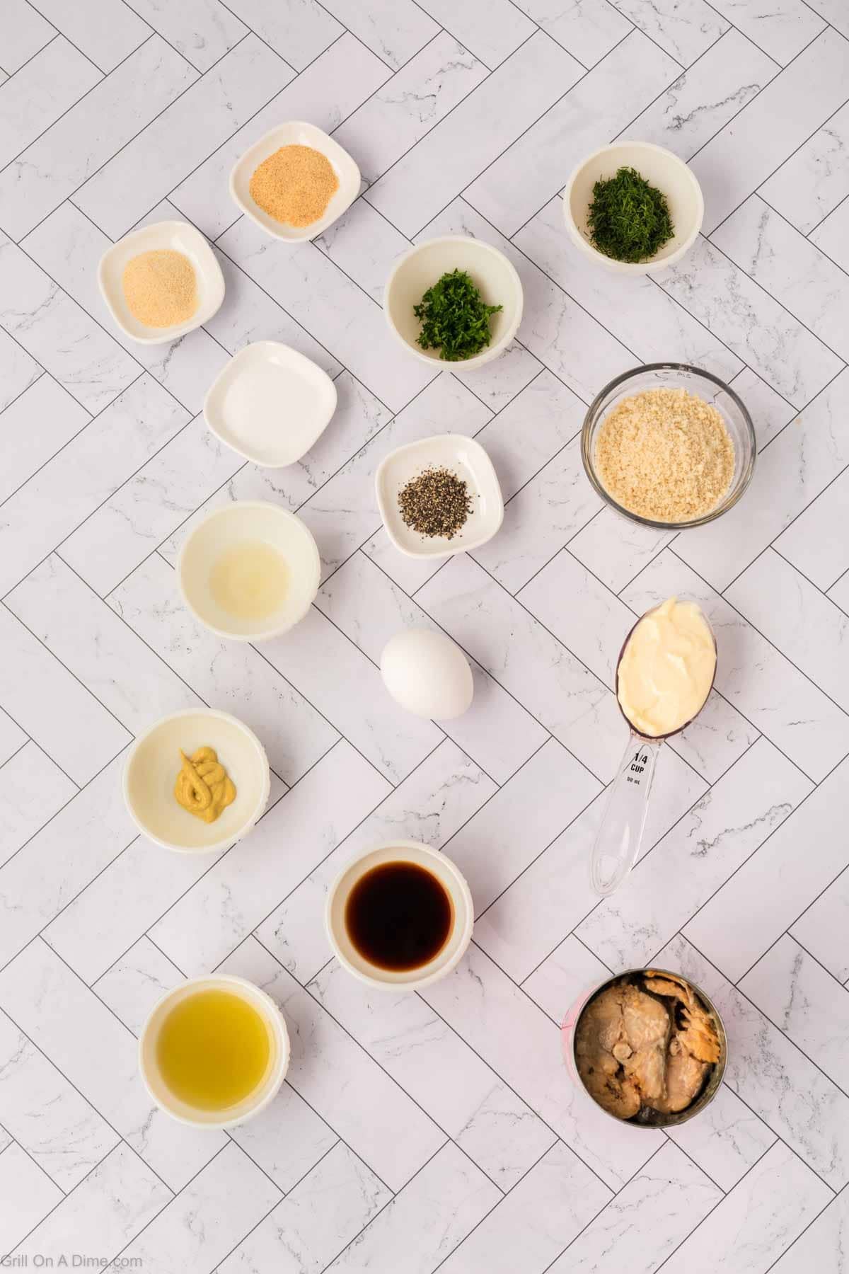 Ingredients - Canned Salmon, egg, Mayonnaise, lemon juice, Dijon Mustard, Worcestershire Sauce, Breadcrumbs, chopped dill and parsley, garlic powder, onion powder, salt, and pepper