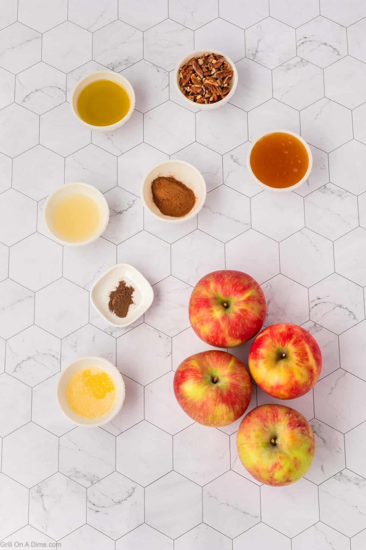 Ingredients - Apples, honey, butter, cinnamon, allspice, lemon juice, chopped pecans, oil