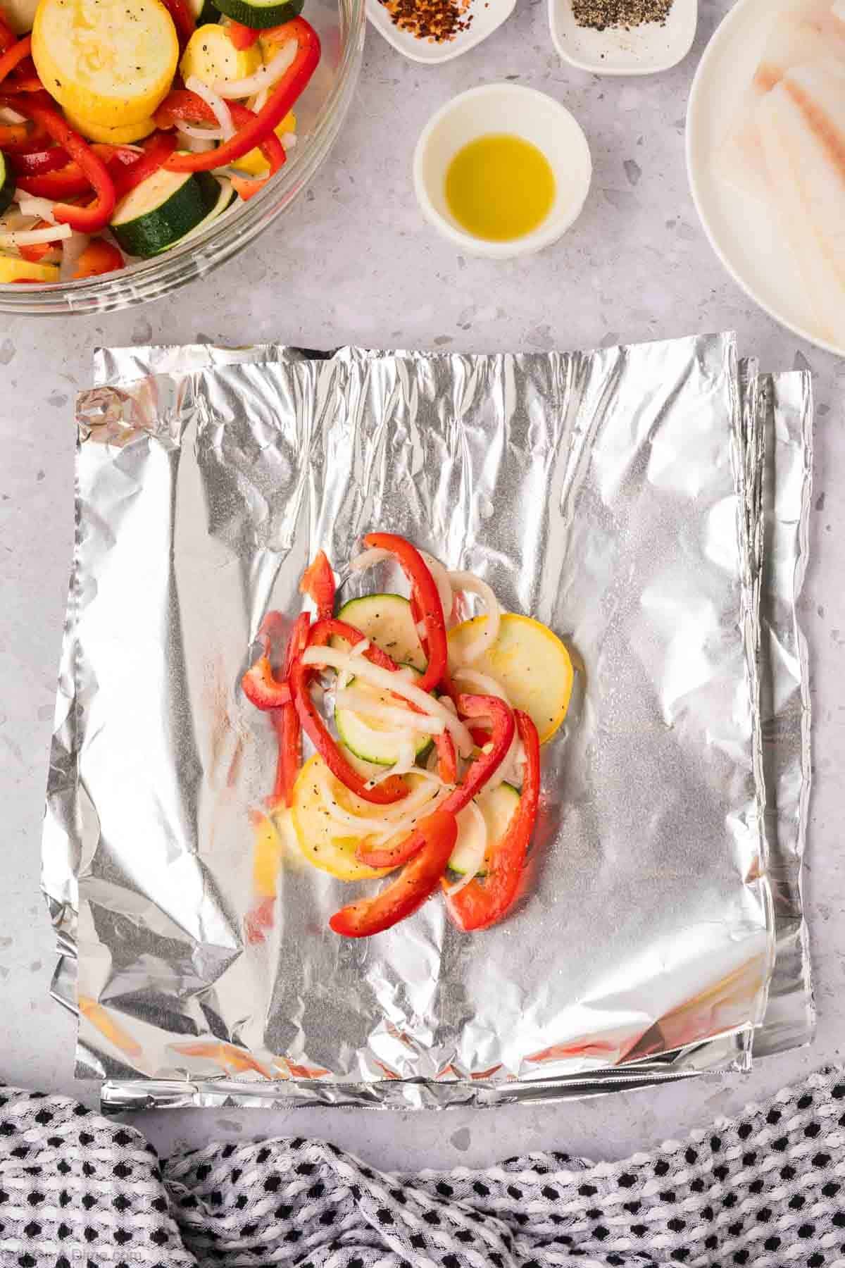 A serving of the vegetable mixture on a piece of foil