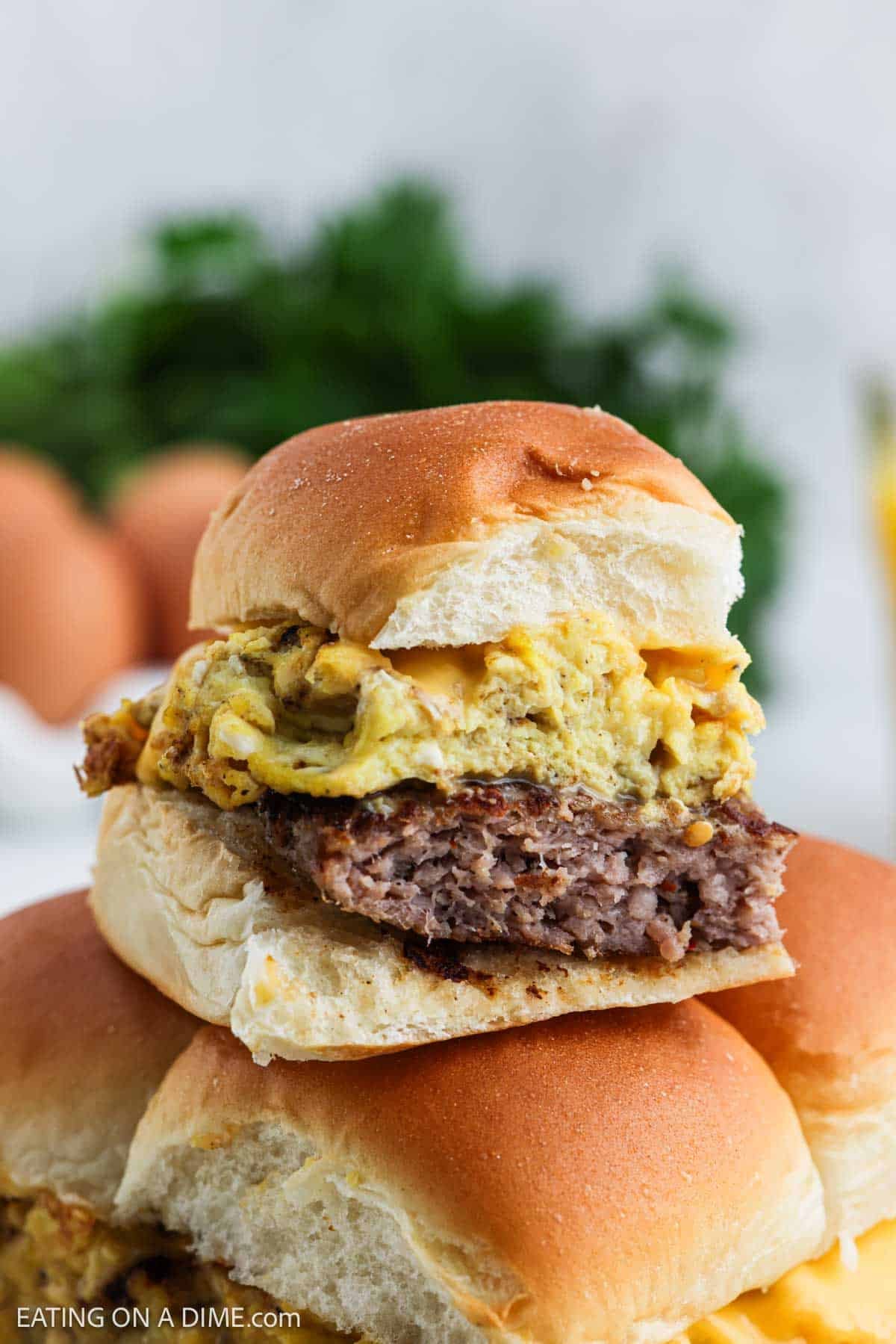 Breakfast sliders stacked on top of each other. 