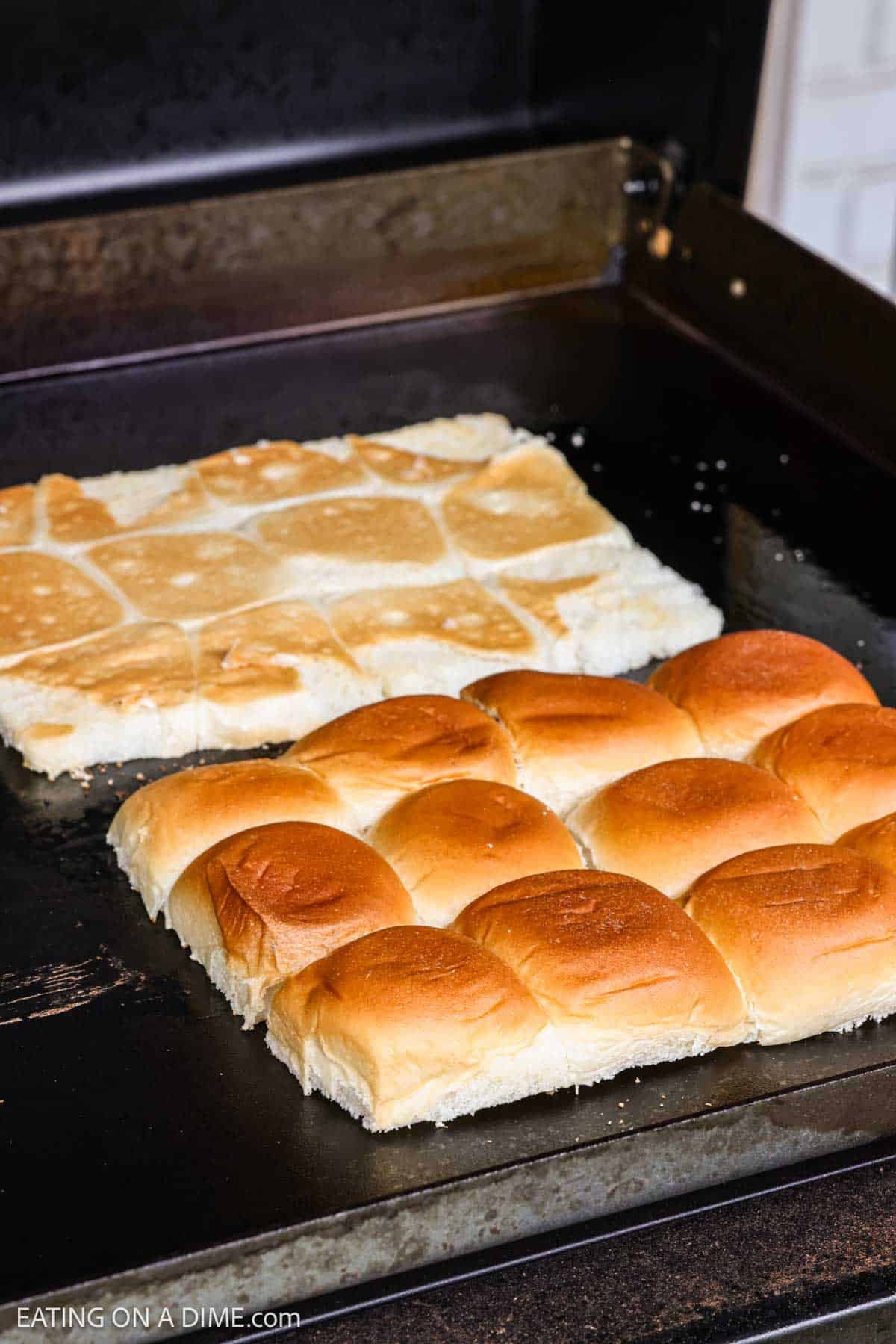 Cooked eggs and top Hawaiian rolls on the Blackstone griddle. 