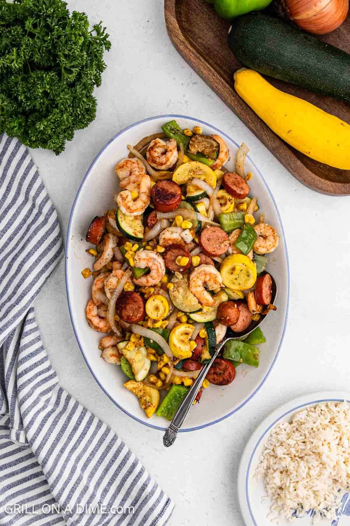 Cooked stir fry on a large platter. 