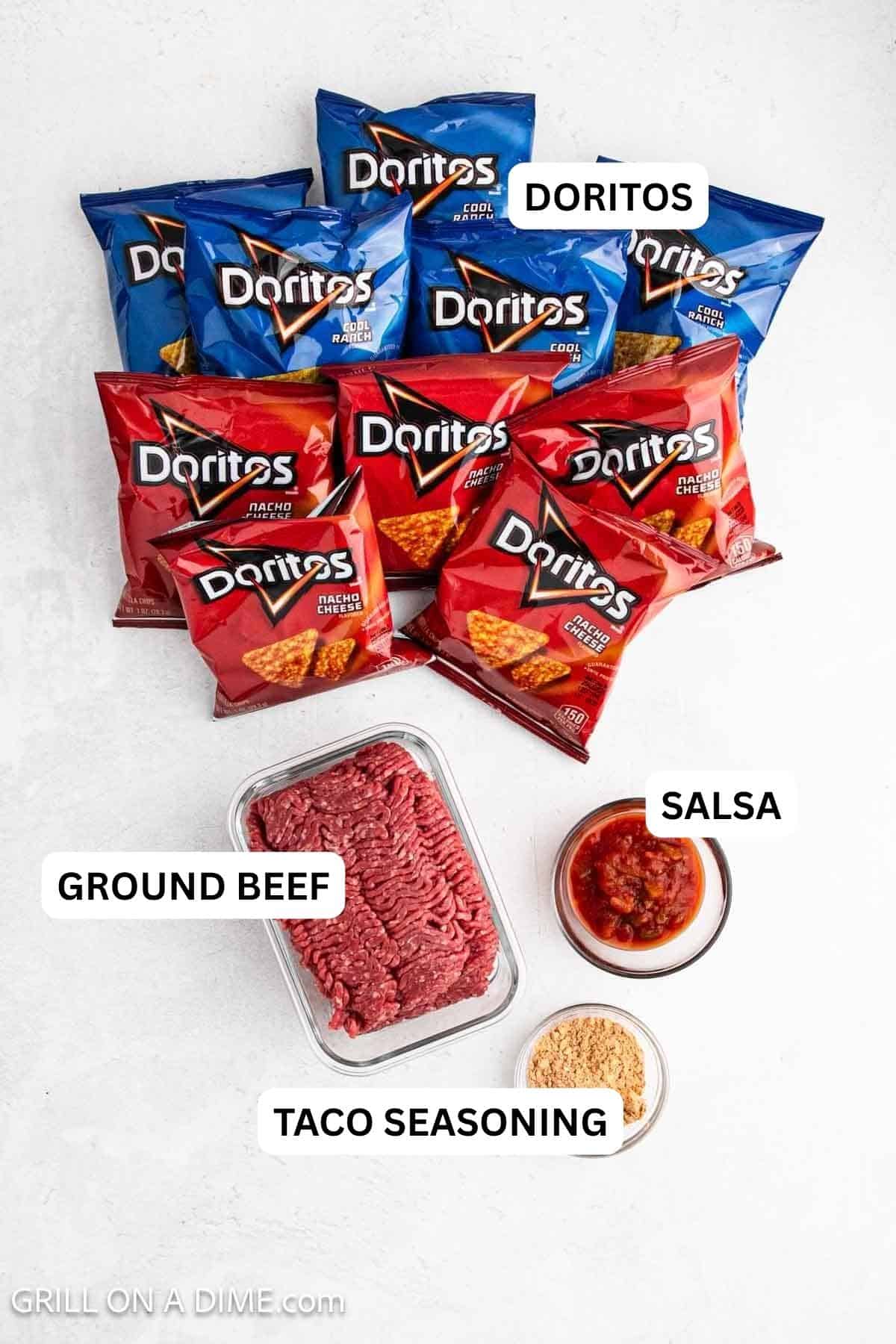 Ingredients needed for this recipe includes Doritos Chips, ground beef, salsa and taco seasoning.