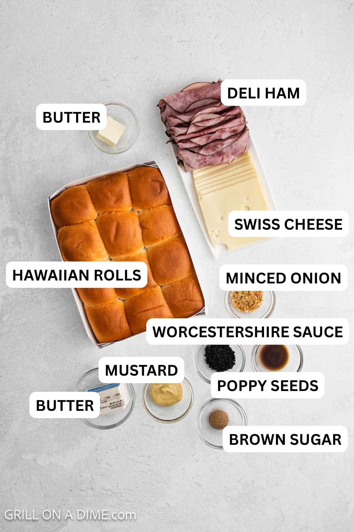 Ingredients needed for this recipe includes butter, dijon mustard, worcestershire sauce, brown sugar, poppy seeds, minced onions, Hawaiian Rolls, deli ham, and swiss cheese. 